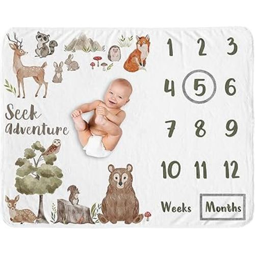 Sweet Jojo Designs Woodland Forest Animals Boy Girl Gender Neutral Unisex Baby Milestone Blanket Newborn Monthly First Year Photo Growth Chart Infant Memory Gift Set Friends Bear Hedgehog Watercolor