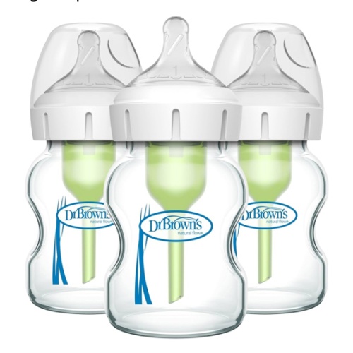 Dr. Brown's Natural Flow Anti-Colic Options+ Wide-Neck Glass Baby Bottles 5 oz/150 mL, with Level 1 Slow Flow Nipple, 3 Pack, 0m+