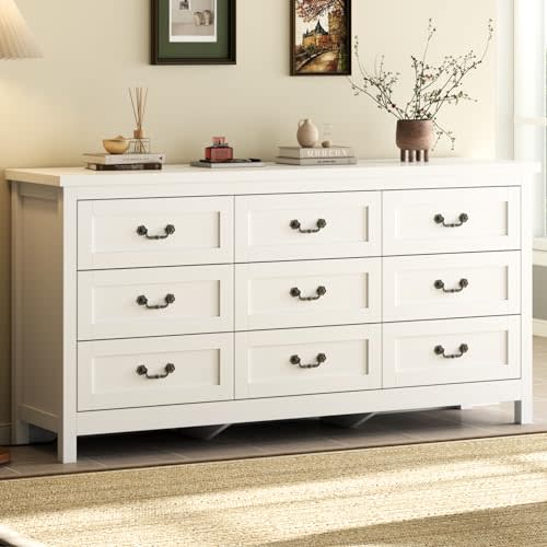Loomie 9 Drawer Triple Dresser for Bedroom, 63" Dresser TV Stand for TVs up to 75",Wide Chest of Drawers,Large Storage Long Dressers Organizer with Vintage Pull for Bedroom,Living Room (White)