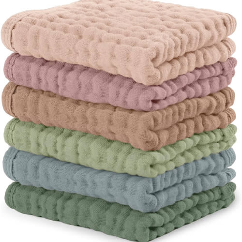 Comfy Cubs Muslin Baby Washcloths 6 Pack - Soft 6-Layer Cotton Wash Cloths for Sensitive Skin - 10"x10" Large, Gentle, Absorbent Infant Essentials for Newborn and Toddlers - Multicolor