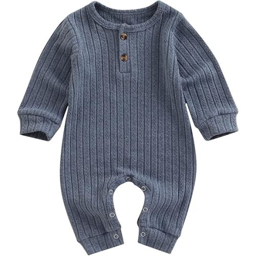 Ynibbim Winter Newborn Baby Boy Girl Solid Romper Unisex Infants Hooded Outfit Clothes Waffle Cotton Button Jumpsuits