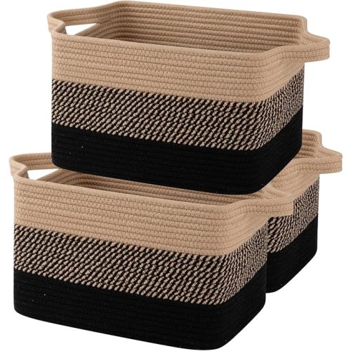 OIAHOMY Storage Basket, Woven Baskets for Storage, Cotton Rope Basket for toys,Towel Baskets for Bathroom - Pack of 3, Black & Brown