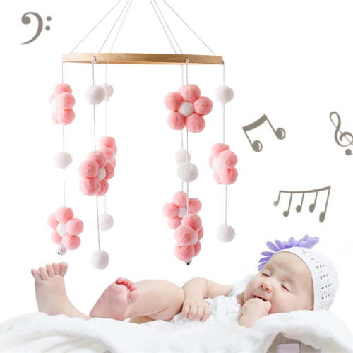 Baby Crib Mobile, Crib Toys Hanging, Boho Baby Mobile, Soothing Musical Crib Mobile with Secure Attaching Hair Balls for Promoting Hearing and Visual Development,Pink