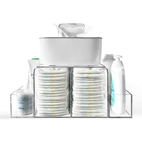 Acrylic Diaper Caddy, Baby Changing Table Organizer, Detachable Clear Diaper Storage for Wipe Dispenser, Wipe Warmer and other Diapering Essentials