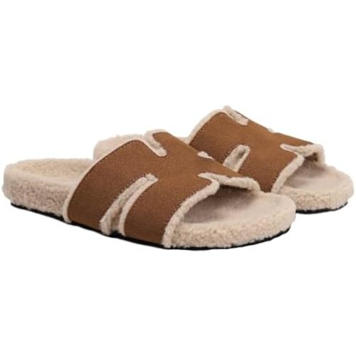 Fuzzy Slippers Women Genuine Suede Slippers for Women Indoor and Outdoor H Slipper Fur Faux Shearling Memory Foam House Slippers Open Toe