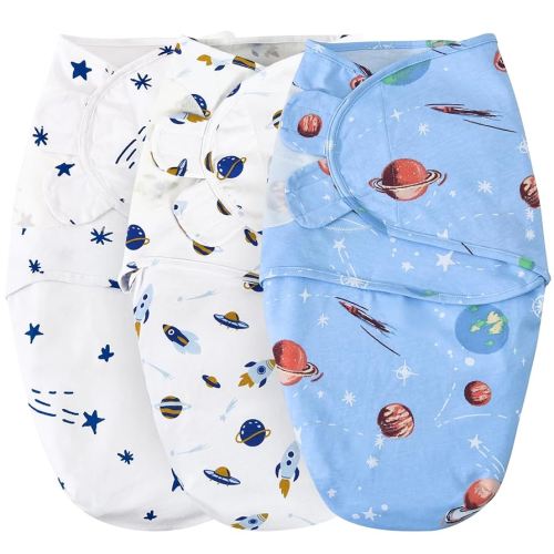david's kids 100% Cotton 3 Pack Baby Swaddle Wrap for 0-3 Months, Soft Breathable Swaddle Blanket for Newborn Infant, Adjustable Baby Wrap Sleep Sacks for Boys Girls, Newborn Essentials, Space