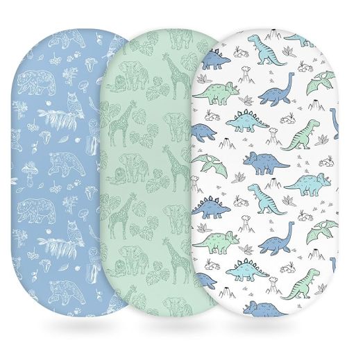 Baby Bassinet Sheets Girl Boy, Fitted Bassinet Sheet Set 3 Pack Bassinet Mattress Sheets Universal Fit for Rectangle, Round, Oval, Hourglass Mattress, Soft Breathable Green & Blue Dinosaur