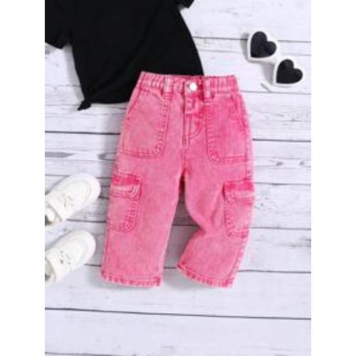 SHEIN Baby Girls' Y2K Pink Loose Straight-Leg Denim Pants,Baby Girl Fall Clothes,Fall Back To School Cute Jeans Clothes Outfits