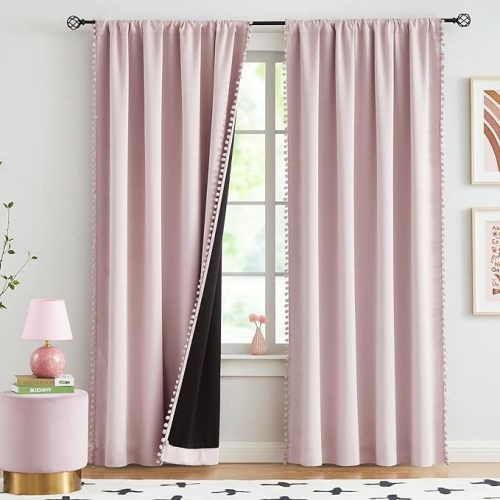 Pink Blackout-Curtains for Bedroom Pom Pom Thermal Insulated 100% Full Blackout Curtain Panels for Girls Baby Nursery Room 90 inch Energy Efficient Window Drapes for Kids 52"w x2 Panels Rod Pocket