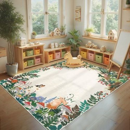 Garvee Area Rugs for Living Room Mushroom Forest Print Rug with Animals Floral Washable Area Rug Soft Non-Slip Low Pile Rug, 6'x9'