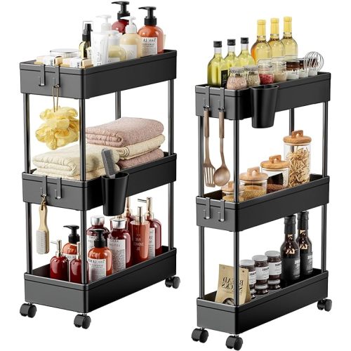Pipishell Bathroom Cart, 2 Pack Slim Storage Cart Bathroom Organizer with Hanging Cups & Hooks, Bathroom Storage Rolling Cart for Bathroom, Laundry Room, Kitchen, Set of 2, PIUC07BK2
