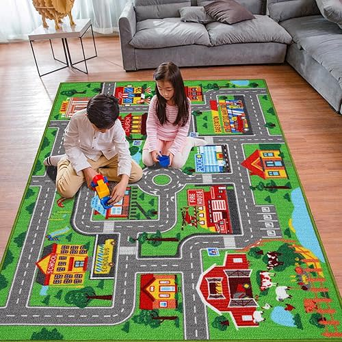 Kids Carpet Playmat Rug 59"x39.4", Car Rug for Kids Cars, Non-Slip Town City Road Map Kids Rug for Playroom Bedroom Boys, Kids Car Mat Road Rug, Track Rug Car Play Rug for Kids (59X39.4Inch,Green)