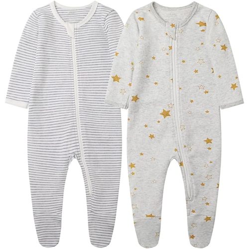 O2 BABY Baby Boys Girls Organic Cotton Zip-Front Sleeper Pajamas, Footed Sleep 'n Play - Star & Strips