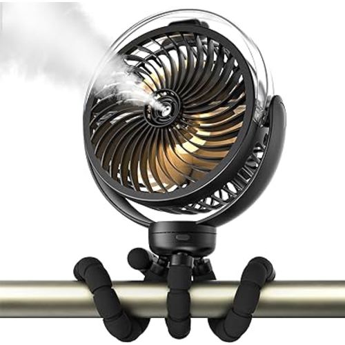 Misting Stroller Fan, 6000mAh Battery Operated Portable Fan with Light & 360° Pivoting, Personal Fan with Flexible Tripod for Baby, Office, Travel,Treadmill,Outdoors