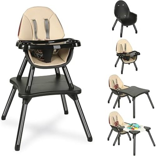 Baby Highchair,6 in 1 High Chairs for Babies and Toddler Baby Feeding Chair Coverts to HighChair for Baby, Kids Learning Table,Building Block Table,Kids Stool Removable Tray & Safety Harness(Black)
