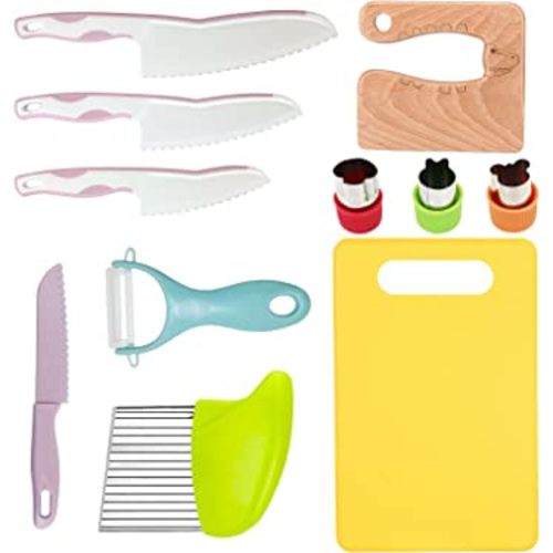 11 Pieces Wooden Kids Kitchen Knife, Pink Kids Knife Set Include Wood Kids Knife, Serrated Edges Plastic Toddler Knife, Crinkle Cutter, Sandwich Cutter, Y Peeler, Cutting Board