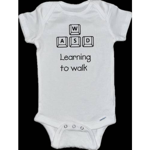 Nerdy cute computer onesie for video gamer babies for learning to walk, WASD, heat press vinyl, 3, 6, 9, 12, 18 month, customizable colors