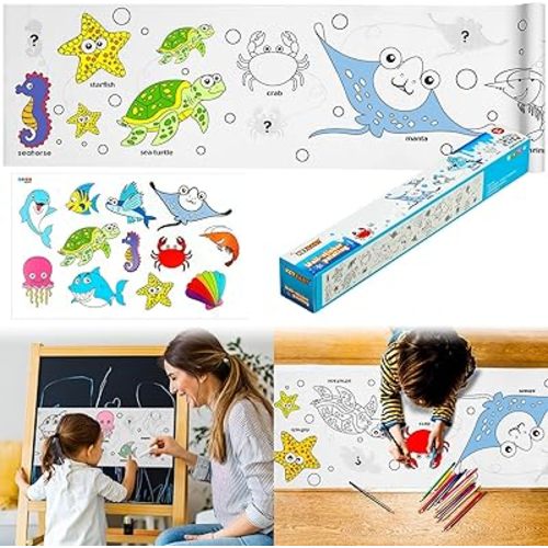 Children's Drawing Roll,Coloring Paper Roll for Kids Gift,120 * 11.8 Inches DIY Painting Drawing Paper Roll, Sticky Drawing Paper Roll, Early Educational Toys for Kids (Ocean)