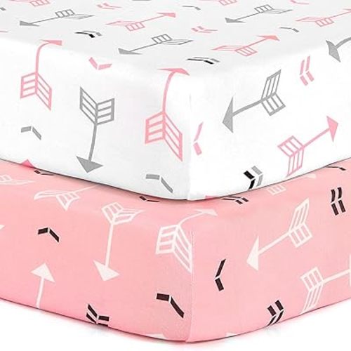Stretchy Fitted Pack n Play Playard Sheet Set BROLEX 2 Pack Portable Mini Crib Sheets,Convertible Playard Mattress Cover,Ultra Soft Material,Pink White Arrow
