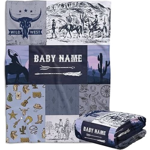 Personalized Western Baby Blanket for Boys, Cowboy Fleece Blanket, Custom Name for Newborn Infant Son Daughter Kids
