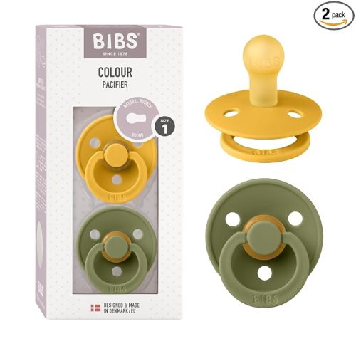 BIBS Pacifiers Colour Collection | Natural Rubber Baby Pacifier | Set of 2 BPA-Free Soothers | Made in Denmark | 0+ Months (Pack of 2) | Honey Bee/Olive