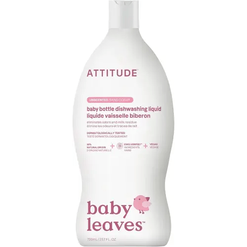ATTITUDE Baby Dish Soap and Bottle Cleaner, EWG Verified Dishwashing Liquid, No Added Dyes or Fragrances, Tough on Milk Residue and Grease, Vegan, Unscented, 23.7 Fl Oz