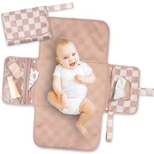 Tiny Twinkle Portable Diaper Changing Pad | Waterproof, Wipeable & Compact Baby Changing Pad for Travel | Smart Wipes Pocket & Organized Storage| Newborn Shower Gift (Beige Checkers)