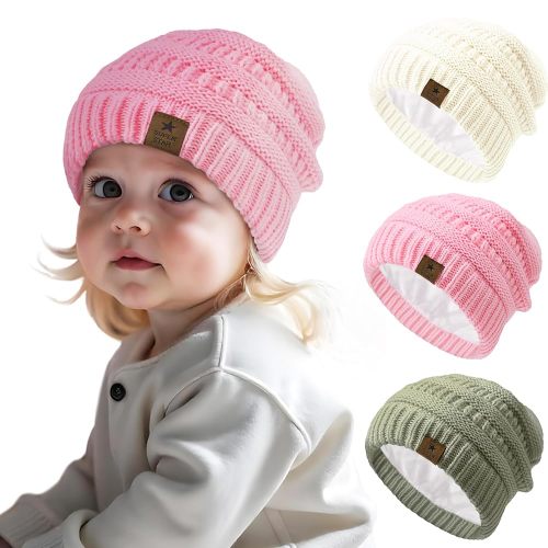 Durio 3 Pcs Satin Lined Beanie for Baby Girl Winter Hat Knit Warm Toddler Beanies for Babies Infant Boys Winter Hats for Kids