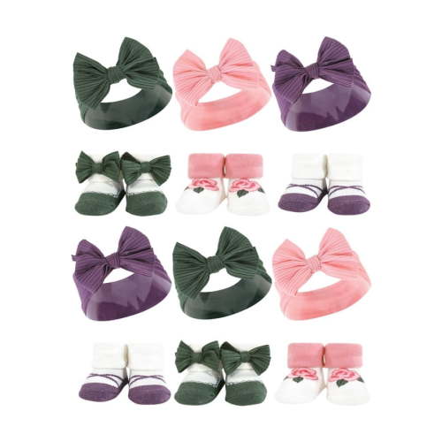 Hudson Baby Infant Girl 12Pc Headband and Socks Giftset, Purple Green, One Size