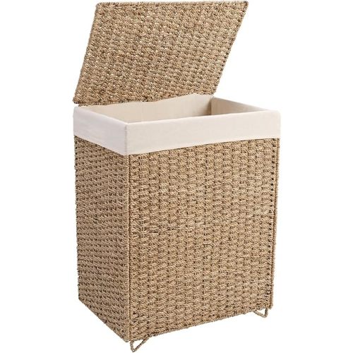PrimeZone 90L Laundry Hamper with Lid - 23.8 Gal Foldable Natural Seagrass Hand Woven Laundry Basket with Removable Liner & Handle, Rattan Clothes Hamper Organizer for Bathroom, Bedroom