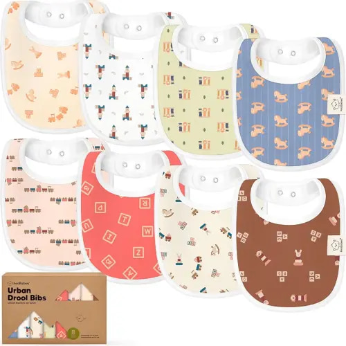 8-Pack Organic Baby Bibs for Boys, Girls - Soft Cotton Drooling and Teething Bibs for Baby Girl & Boy, Extra Absorbent, Easy To Clean & Put On for Toddler, Newborn, Infant 0-24 Months (Toy Land)