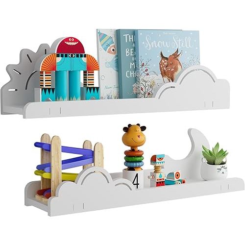 Cute Wall Shelves for Kid’s Room Nursery Wall Decor 2 Pack, White Sun&Moon Bookshelf 16’’L U-Shaped Figure Floating Shelf Wall Mounted, Cute Decorative Cloud Shelves for Toys, Plants&Storage.