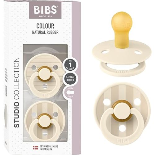 BIBS Pacifiers - Colour Studio 2 Pack | Round Nipple Baby Pacifier | BPA Free Natural Rubber Latex Soother | Made in Denmark | Size 0+ Months | Pin Ivory Vanilla