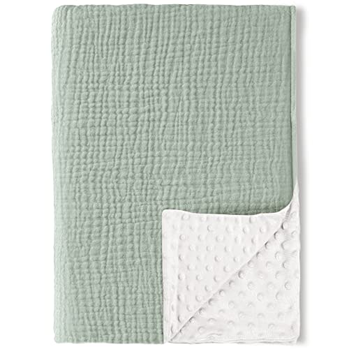 Konssy Baby Blankets for Unisex Boys Girls, Super Soft Nursery Minky Blankets with Muslin Cotton Front and Dotted Fleece Backing, Printed Bed Throws Newborn