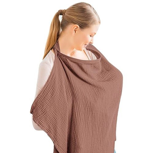 Konssy Muslin Nursing Cover for Baby Breastfeeding, Breathable 100% Cotton Breastfeeding Cover with Rigid Hoop for Mother Nursing Apron, Multi-use Carseat Canopy (Chestnut) | 100% Cotton Nursing Apron, Lightweight & Breathable, Carseat Canopy, Breast Feed