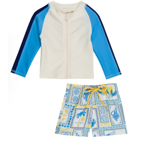 Boys Long Sleeve Zipper Rash Guard and Swim Trunk Set | "Mediterranean Lemons"