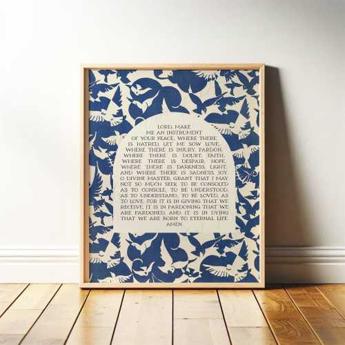 The Prayer of St Francis Print | Christian Wall Art, Catholic Decor | Mid Century Blue Bird Art, Religious Gift | Print or Canvas