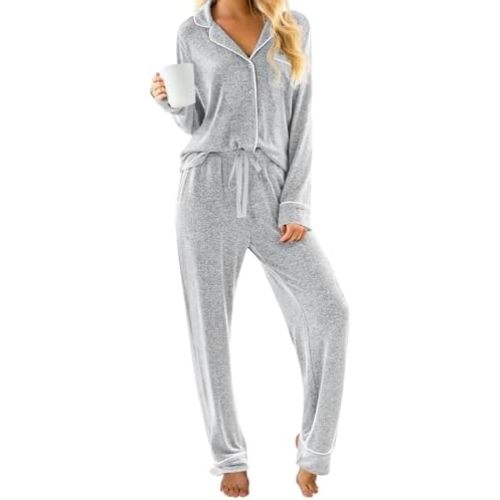 PrinStory Womens Pajama Sets Long Sleeve Pajamas Set Button Down Pjs Sets for Women 2 Piece Lounge Set
