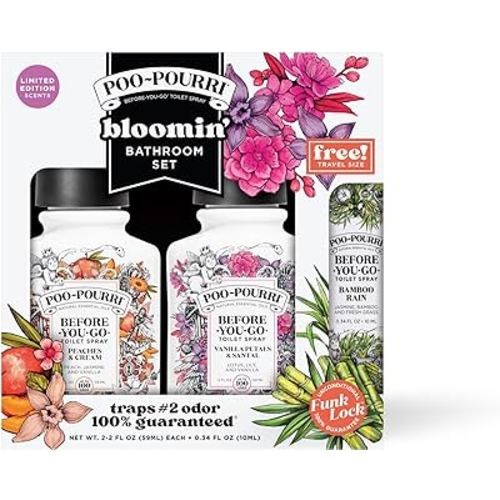 Poo-Pourri Before-You-Go Toilet Spray, Blooming Bathroom, Gift Set Variety 2 Fl Oz - Peaches & Cream, Vanilla Petals & Santal (Includes a free Bamboo Rain Travel Size 10mL)