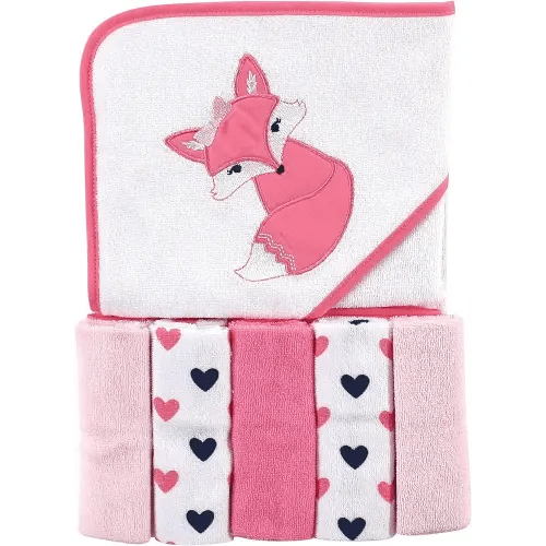 Luvable Friends Unisex Baby Hooded Towel with Five Washcloths, Foxy, One Size