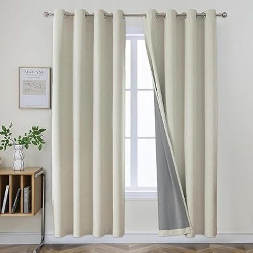Joydeco Blackout Curtains 84 Inches Long 2 Panels Burg, Room Darkening Curtains for Bedroom, 100% Black Out Textured Thermal Drapes Privacy Protection 2 Panels Set(W52 x L84 Inch, Light Beige)