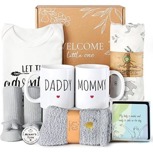 New Mom Gifts for Women, 9pcs Pregnancy Gifts for Expecting Mom, Cute Baby Gifts New Parents Gifts for Couples with Mom and Dad Mugs for Gender Reveal, Baby Shower, First Time Mom Gifts (Blue Gray)