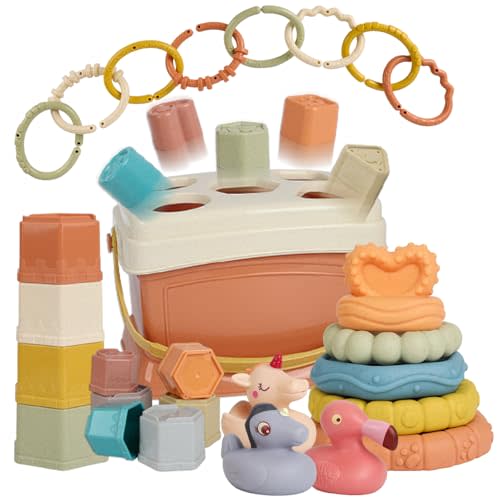 BYFWH 5 in 1 Montessori Baby Toys for 6-48 Months,Shape Sorters Stacking Cups,Rings Toy Links,Soft Stacking Rings,Blocks Set,Soft Animals Toys Shape Sorters for Toddlers 1-3