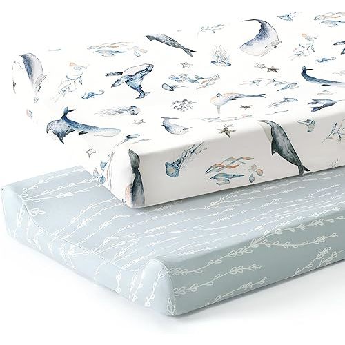GRSSDER Stretch Ultra Soft Jersey Knit Changing Pad Cover Set 2 Pack, Change Table Pad Covers Fit 32"/34" x 16" Pads Safe and Snug, Sea Fish Print for Girls and Boys