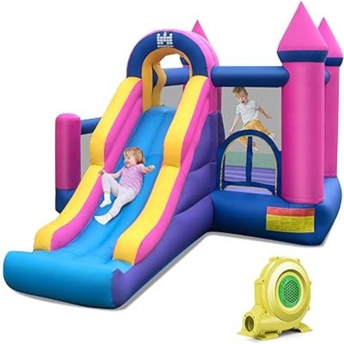 BOUNTECH Inflatable Bounce House, Princess Bouncy House with Long Slide & Ball Pit & Basketball Pit for Kids 3-10, Birthday Party Toddler Bounce House with Blower, Great Gift for Kids Backyard