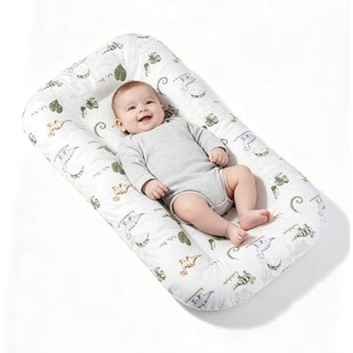 Extra Large Baby Lounger 0-12 Months, 33.5" x 19.7" Infant Support Cushion with Removable 100% Cotton Cover, No-Zipper Envelope Design, High-Density Filling for Tummy Time Green Leaf Dinosaur