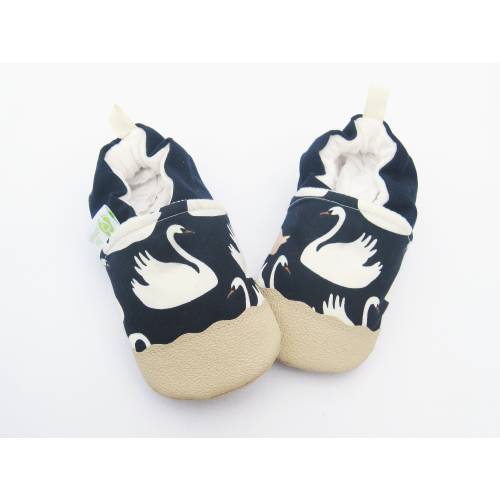 Organic Cotton Baby Shoes: Navy Swan Print, Non-Slip Vegan First Walkers