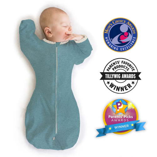 SwaddleDesigns Transitional Swaddle Sack, Arms Up Swaddle with Half-Length Sleeves & Mitten Cuffs, Easy Transition Swaddle Sleep Sack, Small, 0-3 Months, 6-14 lb, Heathered Teal