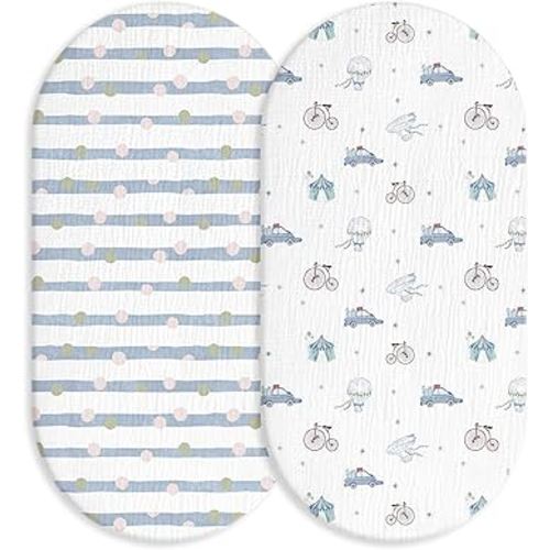Muslin Bassinet Fitted Sheets, 2 Pack for Baby Boy and Girl, Soft Breathable Baby Pad/Mattress Sheet, Fit for Hourglass Oval and Rectangle Bassinet Mattress (Cute Cars)
