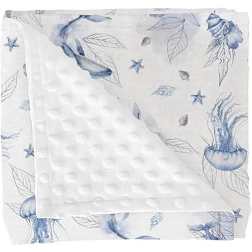 Boho Sea Whale Baby Blanket for Girl Boy Blue Maritime Whales Jellyfish Shells Leaves Soft Mink Dotted Backing Double Layer Swaddle Blanket Ocean Animal Bed Throws for Newborn Toddler Crib 30x40